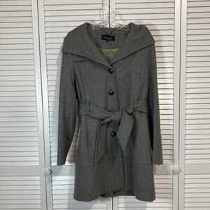 Black Rivet Gray Wool Blended Mid Length Belted Lined Peacoat Trench Coat XL